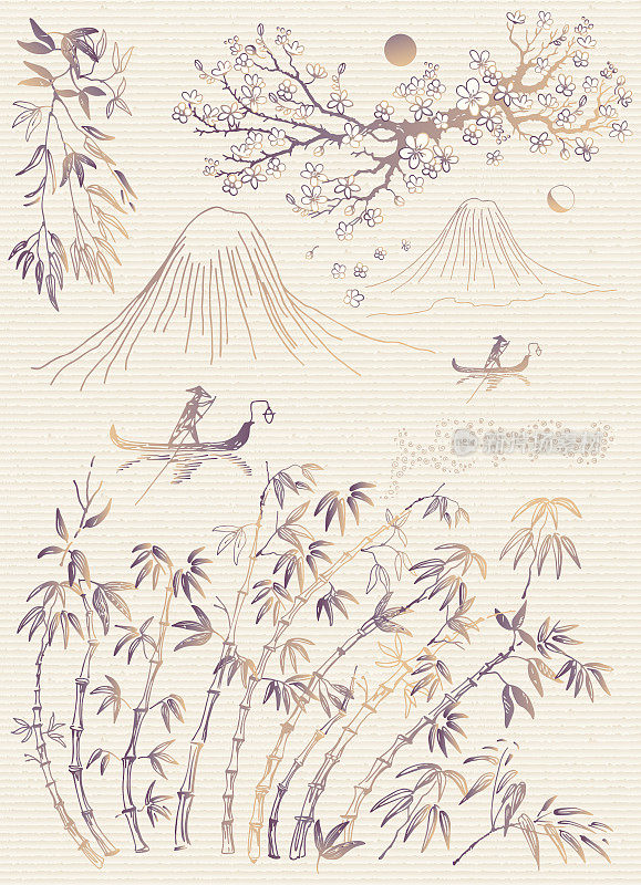 矢量手绘写生集在日本和中国自然水墨插画sumi e传统上的陈年宣纸纹理。竹竿、竹叶、山、河、盛开的樱花